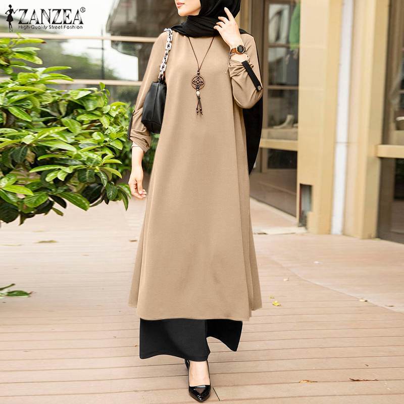 ZANZEA Muslim Fashion, Two Piece Sets Women's Outfits, Tracksuit Vintage Long Shirt Wide Leg Pants Sets Loose Suits