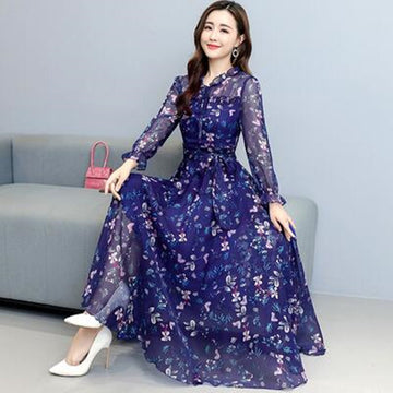 Long-sleeved Floral Chiffon Super Fairy Waist Beach Big Swing Dress