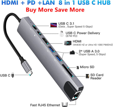 USB C Hub 8 In 1 Type C 3.1 To 4K HDMI Adapter with RJ45 SD/TF Card Reader/ PD Fast Charge for MacBook, Notebook, Laptop Computer