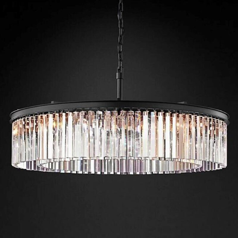 American Vintage Black Metal Gray / Amber / Clear Crystal Round Pendant Light Luster K9 Tubular Crystal Hotel Hanging Light