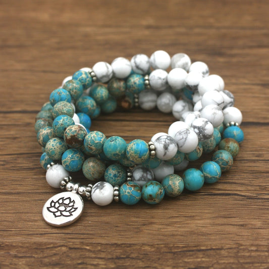 Fashion Women Bracelet 108 Mala Bracelet / Howlite Natural Stone With Lotus Charm Bracelet