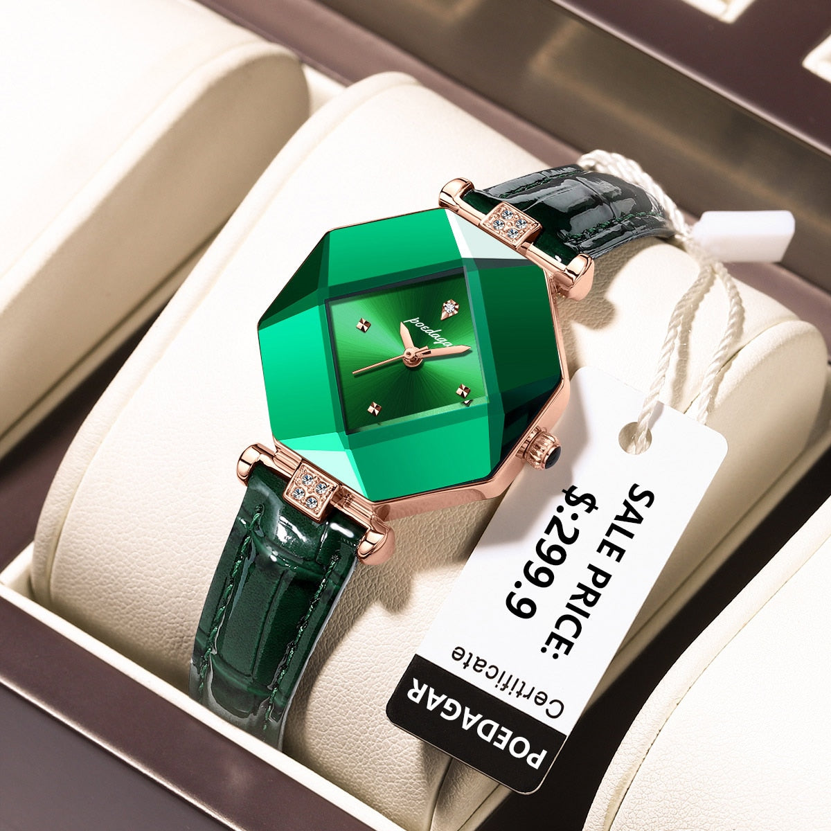 POEDAGAR High Quality Luxury  Diamond Quartz /Waterproof Ladies Green Leather Watch
