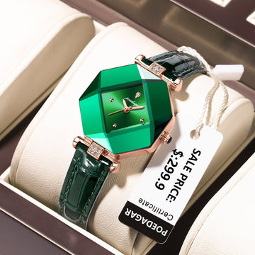 POEDAGAR High Quality Luxury  Diamond Quartz /Waterproof Ladies Green Leather Watch