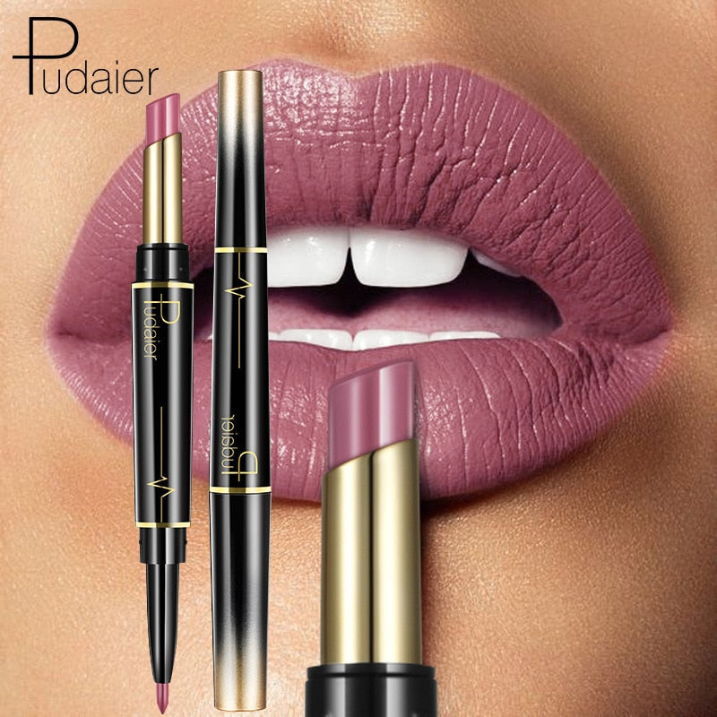 Pudaier Makeup 2 in 1 Matte Lipstick &amp; Lip Liner Nude Lip Stick Pencil Make up Cosmetics Lip Balm Matt Cream Lipbalm Lipliner