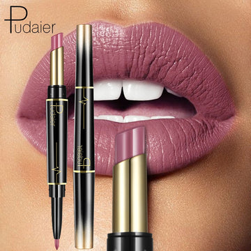 Pudaier Makeup 2 in 1 Matte Lipstick &amp; Lip Liner Nude Lip Stick Pencil Make up Cosmetics Lip Balm Matt Cream Lipbalm Lipliner