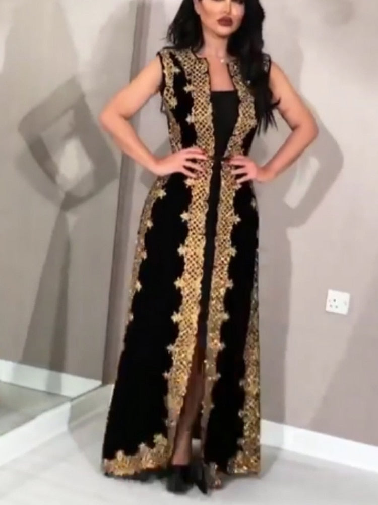 Two Piece Set Women Black Elegant Dress 2020 Summer Vintage Tank Leeveless Cardigan Embroided Floor Length Club Party Dresses