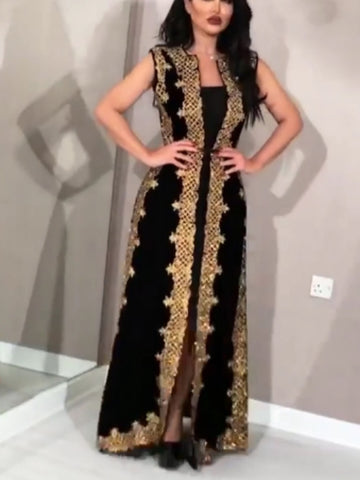 Two Piece Set Women Black Elegant Dress 2020 Summer Vintage Tank Leeveless Cardigan Embroided Floor Length Club Party Dresses