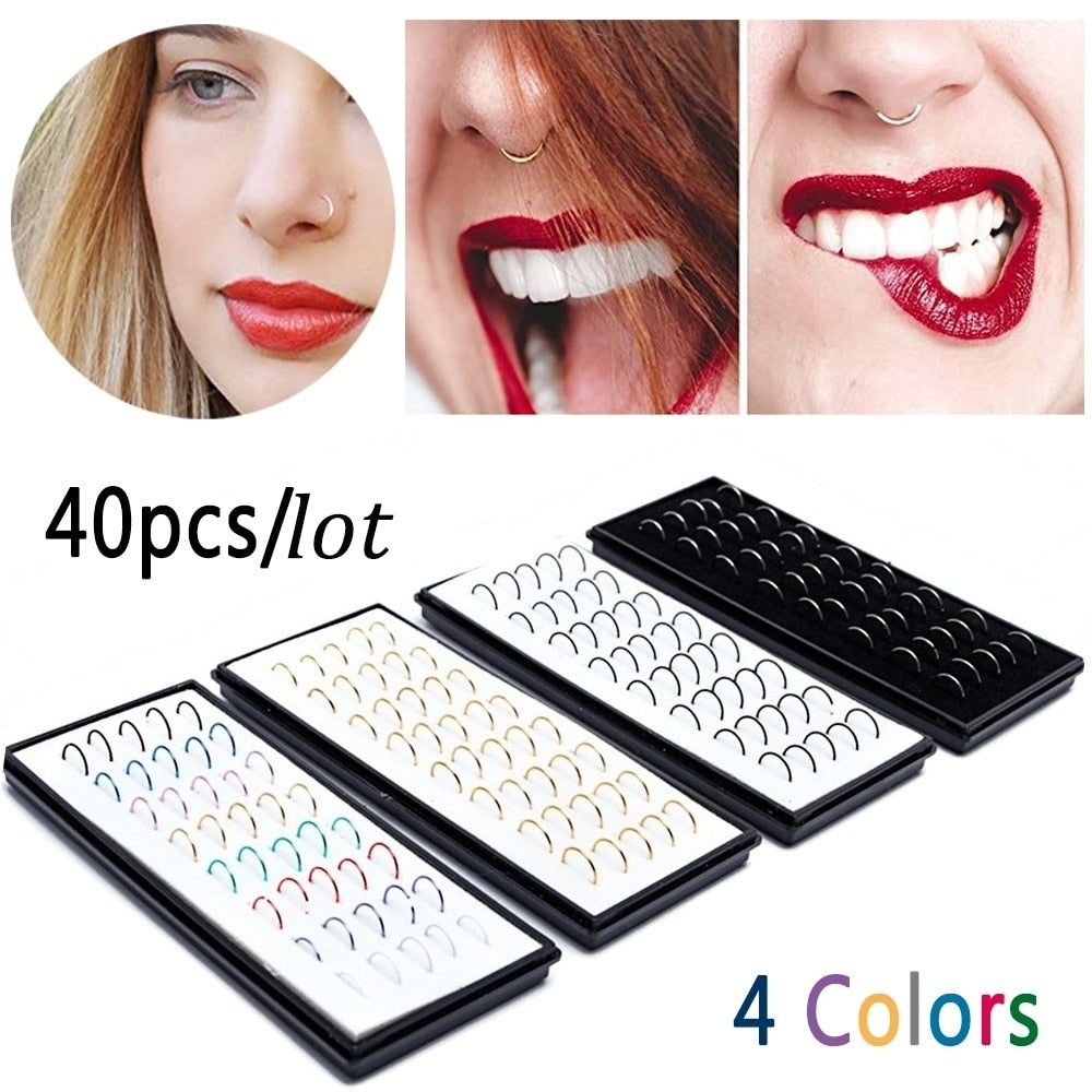 40pcs/lot 8x0.5mm Colorful Stainless Steel Fashion Nose Hoop / Nose Ring Stud Body Piercing Jewelry Punk Style Fit For cool style