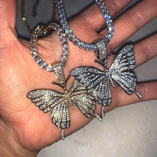 LATS Gold Silver Color Butterfly Pendant Necklace / New Design Female Shiny Crystal Clavicle Chain