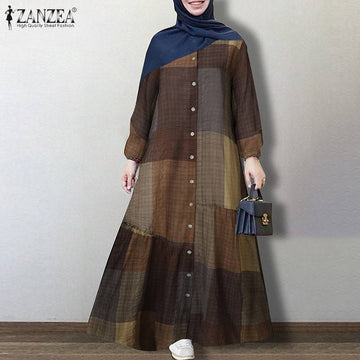 ZANZEA Vintage Floral Printed Sun dress for Women / Long Sleeve Loose Maxi Long Vestido Kaftan