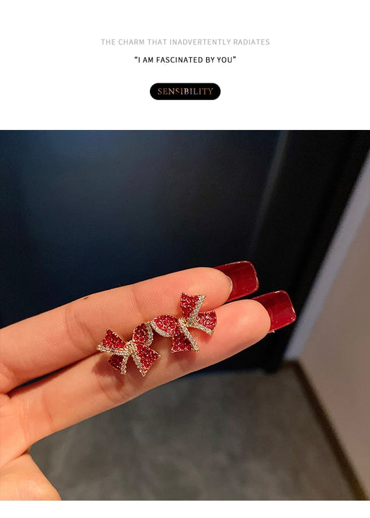 Red Stone Bow Stud Earrings For Woman