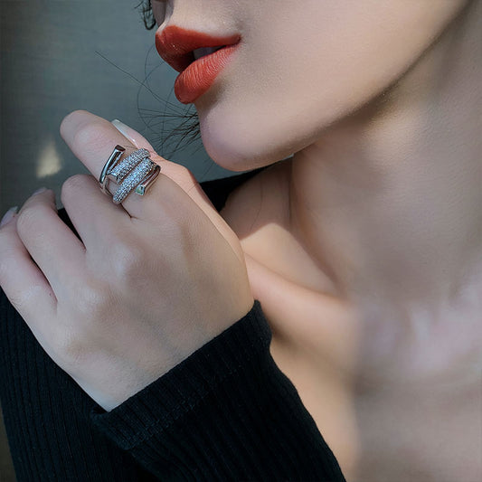 Exaggerated Design Metal Zircon Cross Silvery Open Rings For Woman