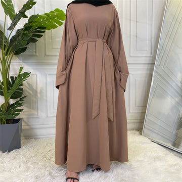 Muslim Fashion Hijab Long Dresses for Women With Sashes Solid Color.