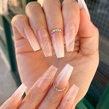 24pcs artificial nails Nude Gradient Nail Patch Rhinestone Inlaid Glue Type Removable Long Paragraph Fashion Manicure nail tips