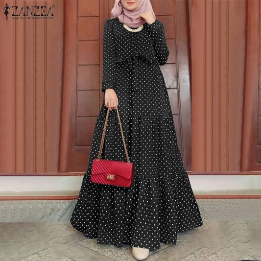 ZANZEA Women Polka Dot Long Sleeve Dress / Stylish Belts Party Robe Loose Maxi Dress Abaya Hijab