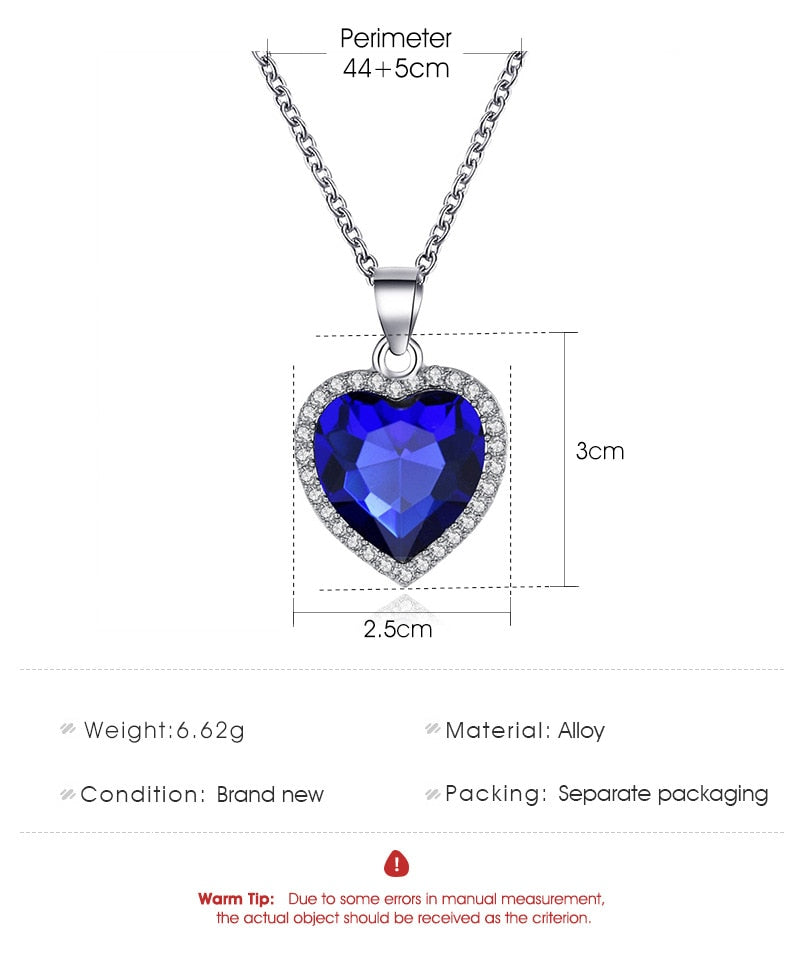 New Simple Titanic Heart of Ocean Necklace / Blue Crystal Love Heart  Pendant Necklace For Women