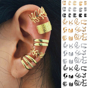 17KM Gold Leaves Ear Cuff Black Non-Piercing Ear Clips / Fake Cartilage Earrings Clip Earrings For Women/Men