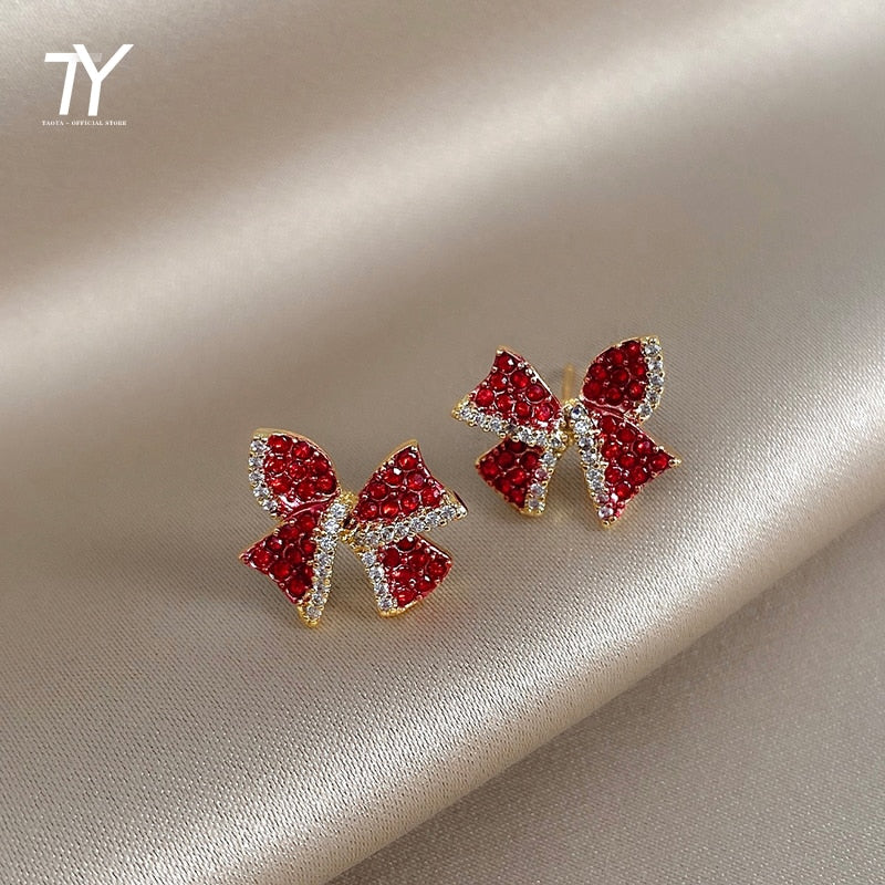 Red Stone Bow Stud Earrings For Woman
