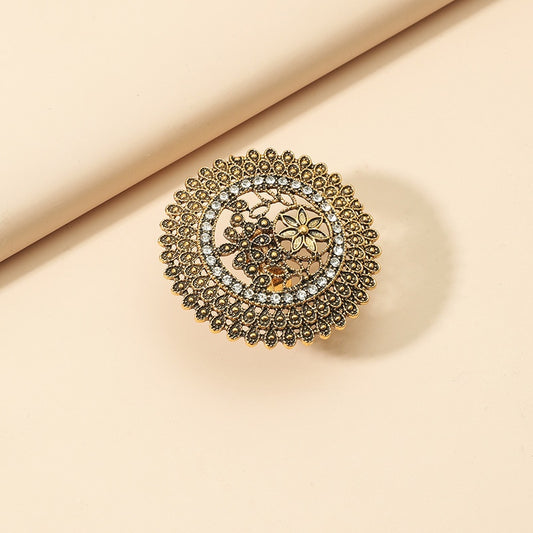 Engraved Flower Pattern Retro Party Female Finger Ring / Vintage Antique Big Gold Color Women-Midi-Rings Stylish Indian Jewelry