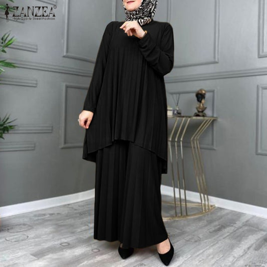 ZANZEA Women Muslim Sets Islamic Clothing Plain Suits/Pleated Full Sleeve Tops Wide Legs Long Pants Oversized