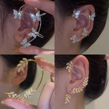 Silver Plated Metal Leaf Butterfly Clip Earrings for Women / Ear Clips Without Piercing Sparkling Zircon Ear Cuff Fashion Jewelry