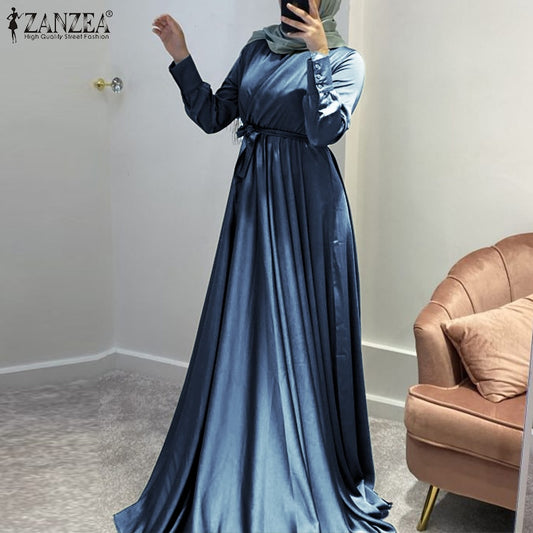 ZANZEA Women Long Sleeve Casual Dress/ Belted Party Robe Abaya Kaftan Loose Elegant Dress