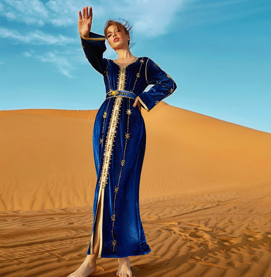 Royal Blue Dubai Kaftan Evening Dress With Crystal Elegant Long Sleeve Velvet Arabic Muslim Prom Dress Abaya Chic Robe De Mariée