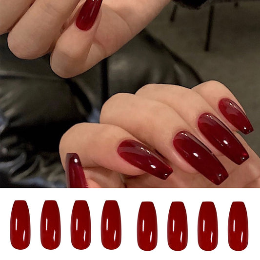 24Pcs Long Coffin False Nails Red Wine colour Artificial Ballerina Fake Nails With Glue Full Cover Nail Tips Press On Nails