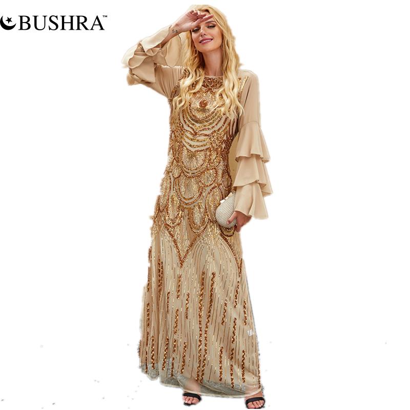 BUSHRA Women Luxury Sequin Maxi Dresses /Chiffon A Line Long Triple Tiered Sleeve  Gowns Abaya