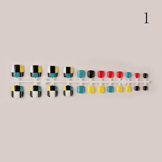 24Pcs Full Cover Fake Toenails Short Square Wearable Toe Nails with Glitter Strip Design Foot Art False Nails Tips Toes Gel